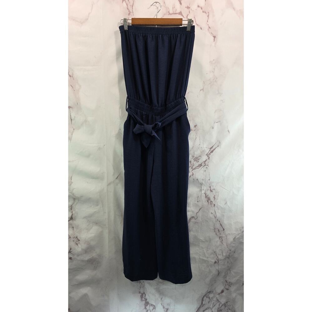 Anthropologie Jumpsuit Womens XS Blue Strapless Tube Pockets Crop Tie Bishop